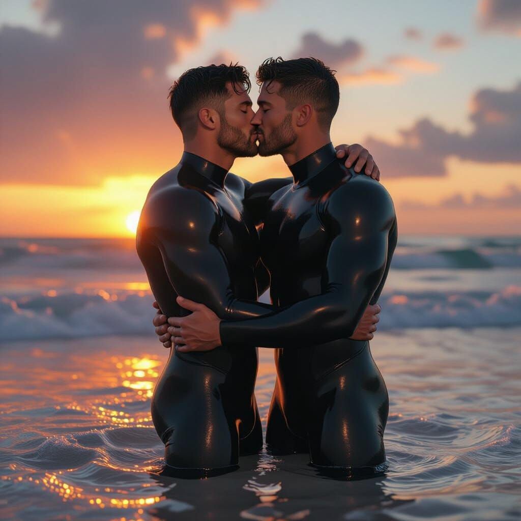 Passionate Kiss Between Muscular Men at Sunset