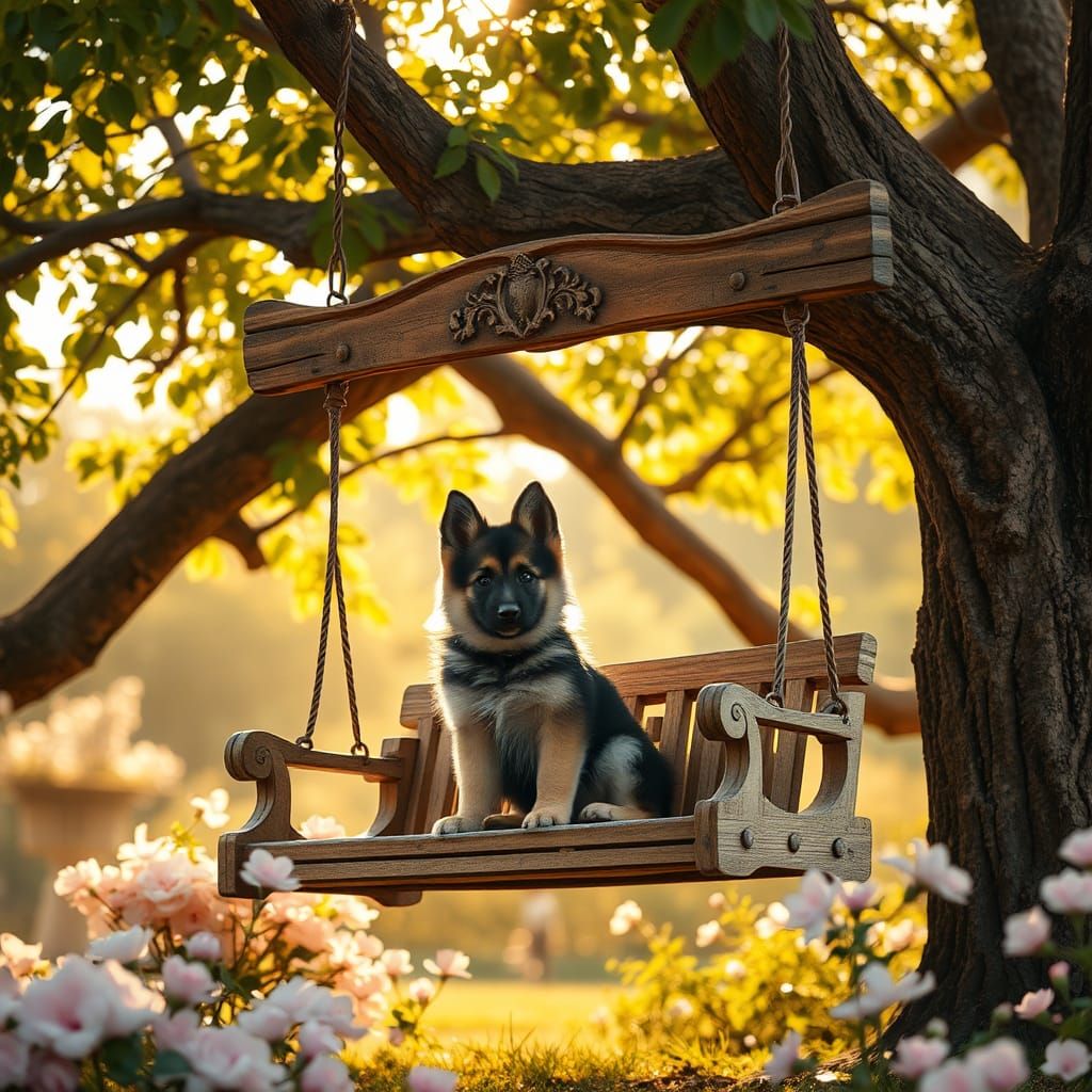 Puppy on Swing in Golden Lit Garden Photo