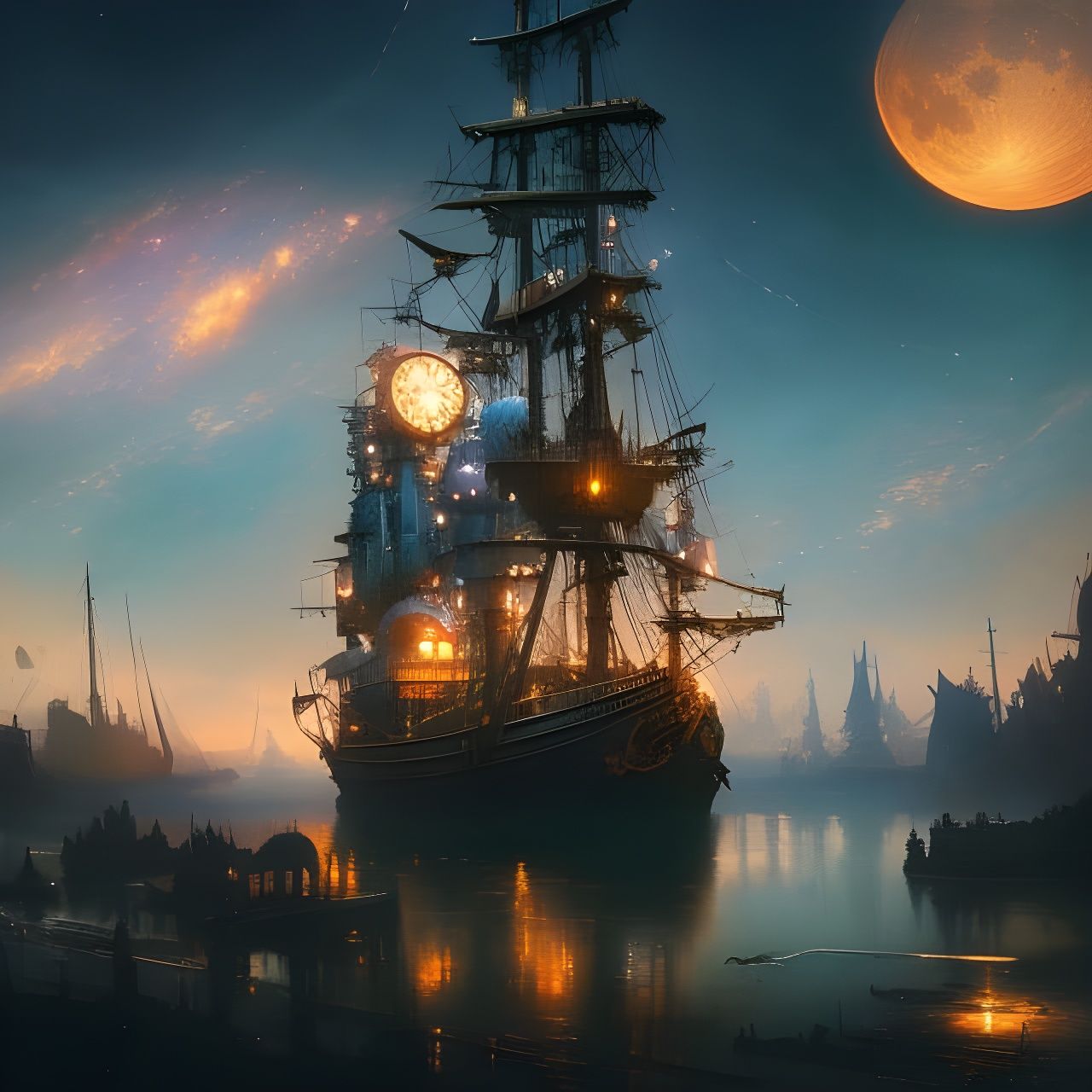 Steampunk Ship in Starry Sky: Anime Art