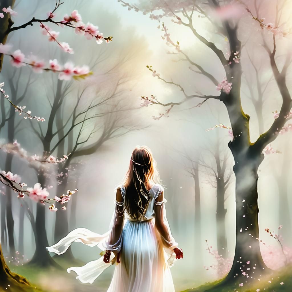 Woman in White Dress Under Cherry Blossom Tree