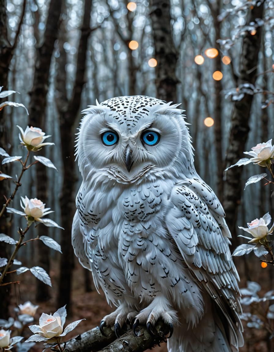 Holographic White Owl in Neon Lit Forest
