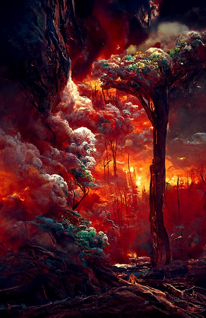 Inferno: Mountain Forest Fire Landscape Painting