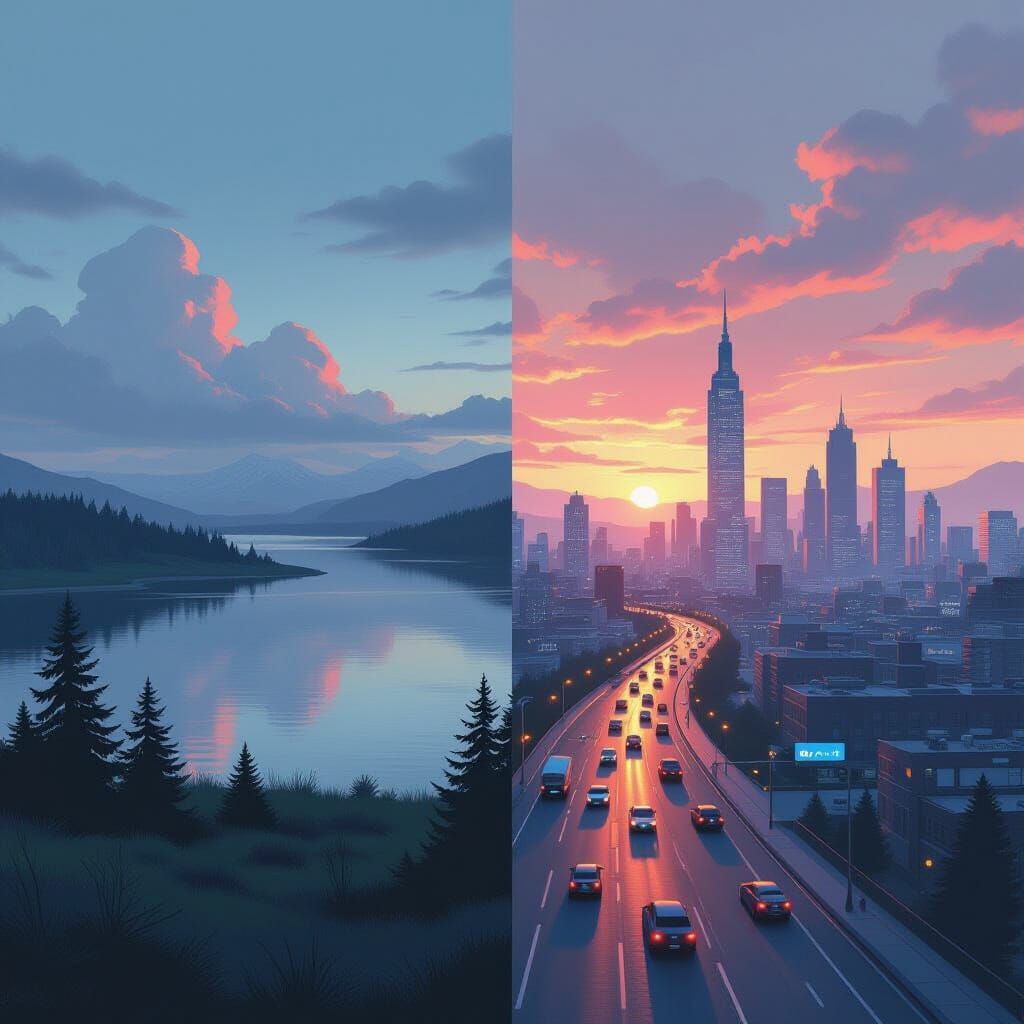 Serene Landscape Meets Bustling Cityscape in Sci-Fi Style