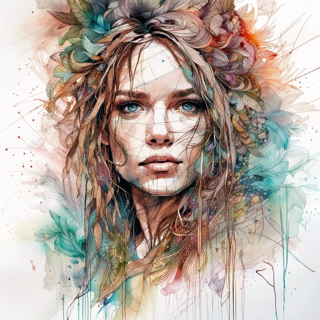 Beautiful Woman Portrait in Watercolor Style