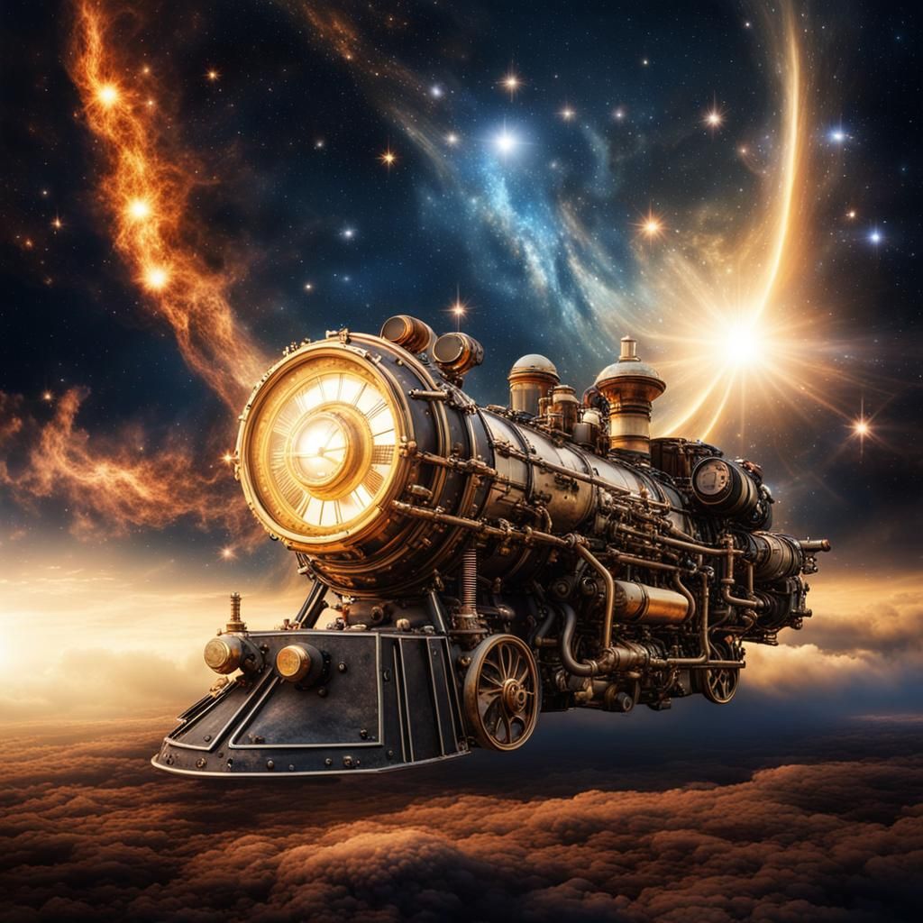 Steampunk Engine in Starry Night Sky