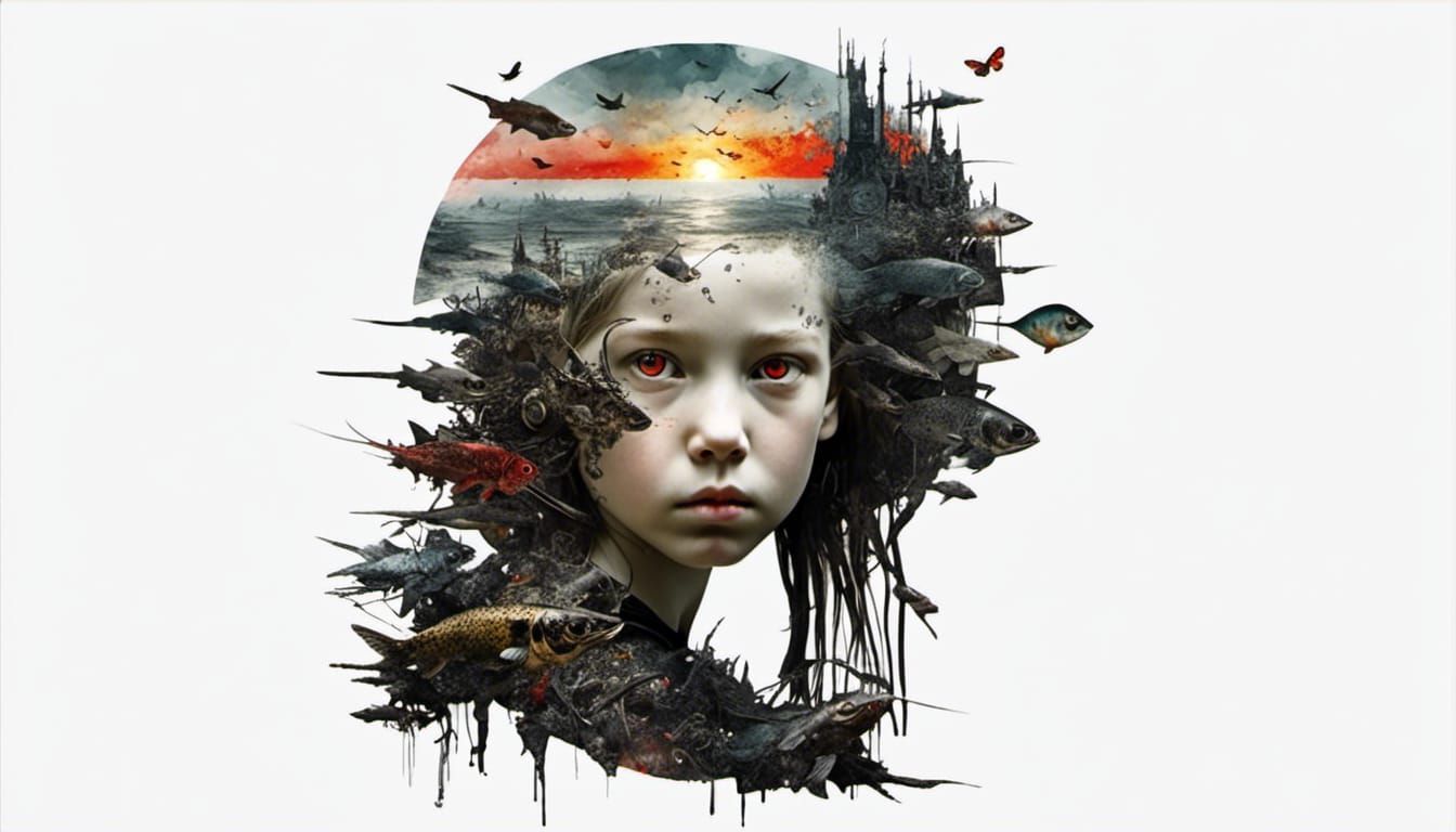 Chibi Machine Girl with Demonic Bird, Watercolour Style