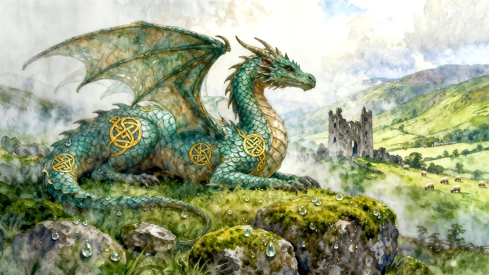 Celtic Dragon in Misty Irish Landscape, Watercolour Painting