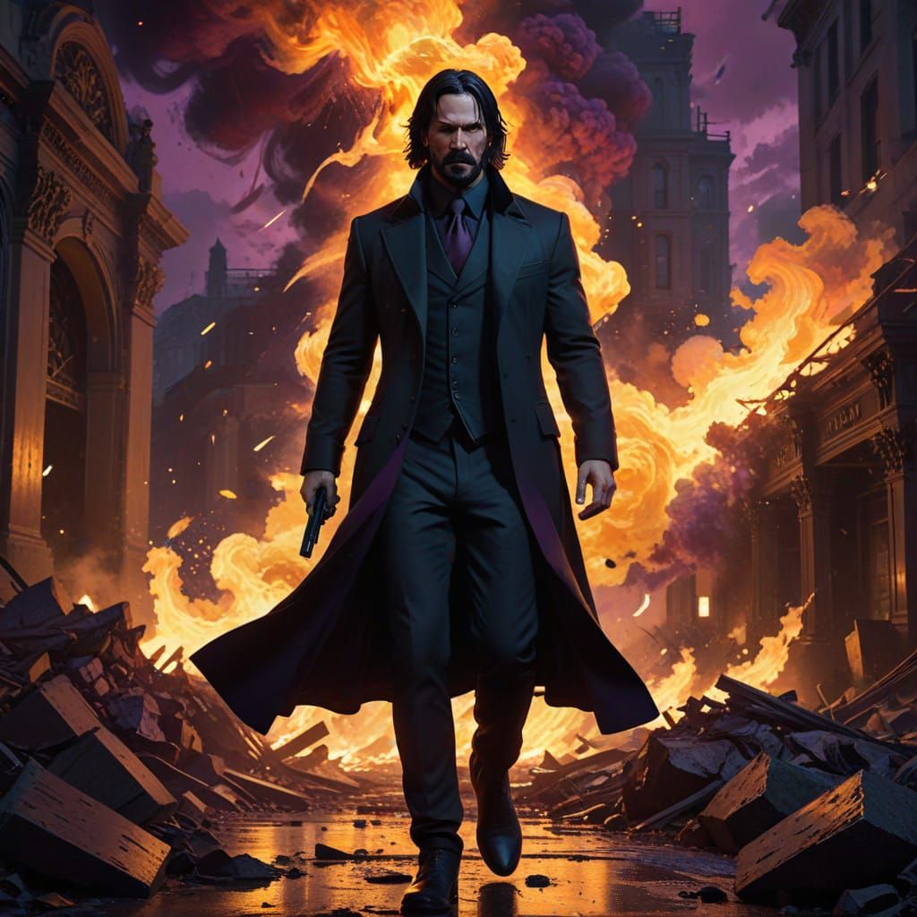 Epic Dark Fantasy Art of John Wick Walking Away from Explosi...