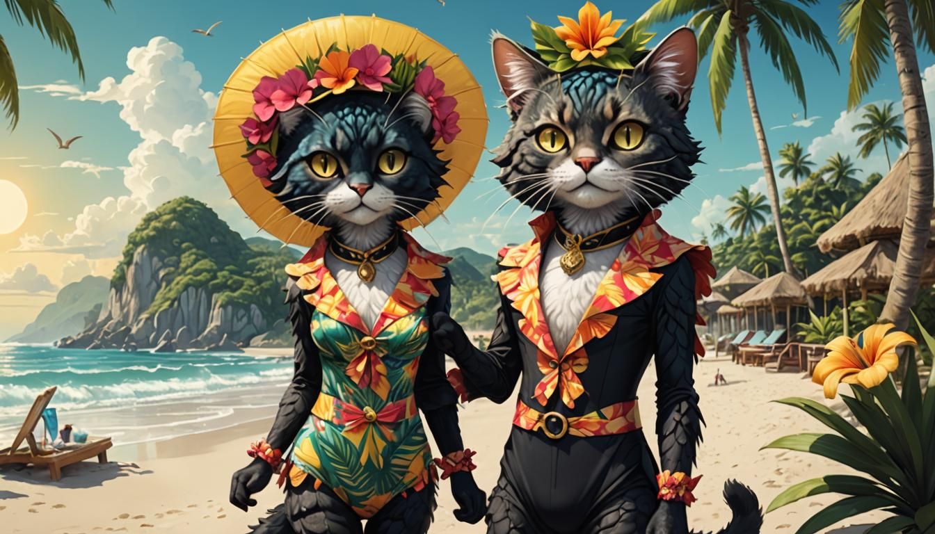 Tropical Fursona: Victorian Cobra Cat on the Beach