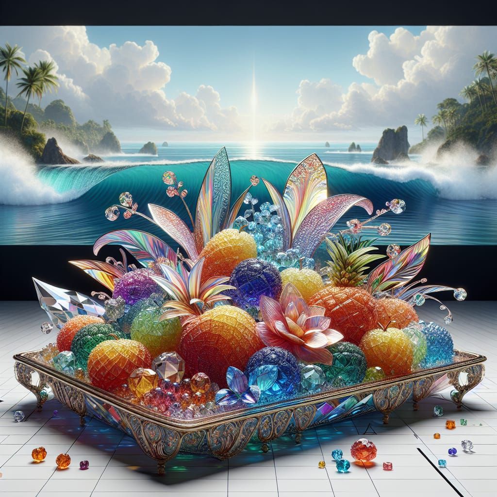 Crystal Tropical Fruit Still Life in Nouveau Style