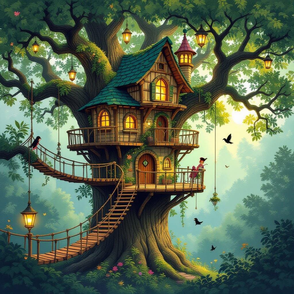 Enchanted Forest Treehouse with Rope Bridges and Lanterns