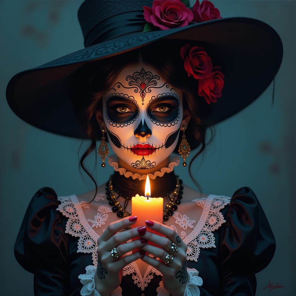 Elegant Decaying Catrina Holds Burning Candle in Painting St...