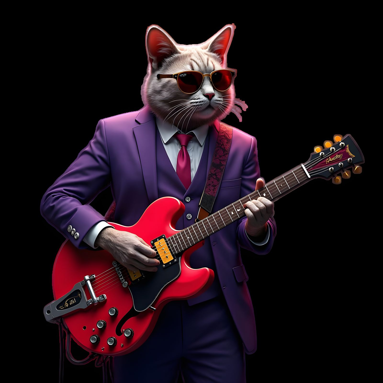 Cat Guitarist in Purple Suit: Matte Painting Style
