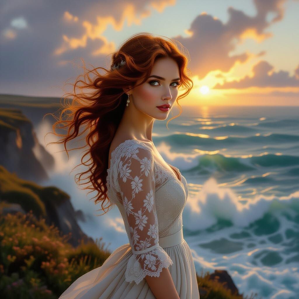Ethereal Woman on Cliff Overlooking Turbulent Sea at Dawn