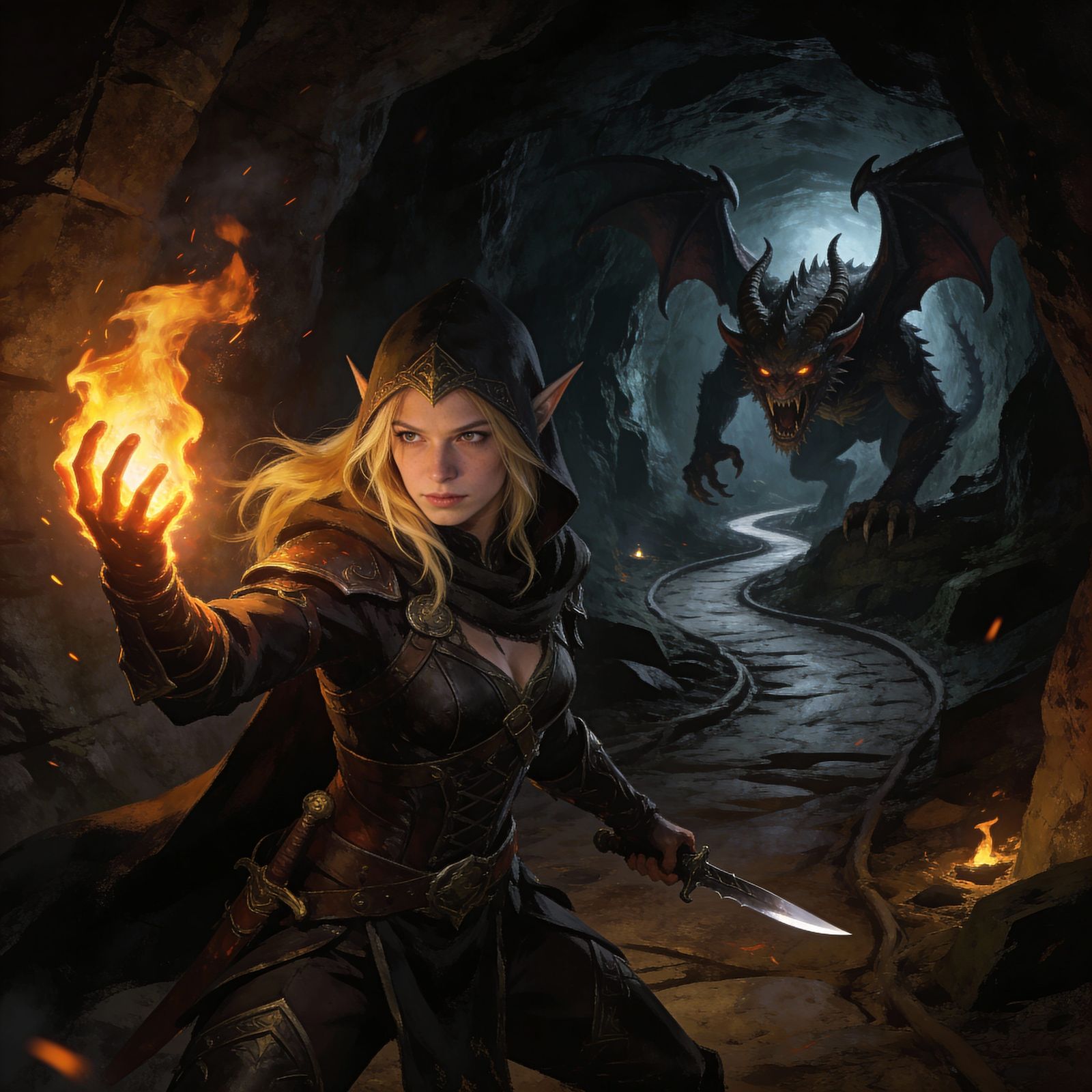Elven Assassin Fights Gargoyle in Fiery Cavern