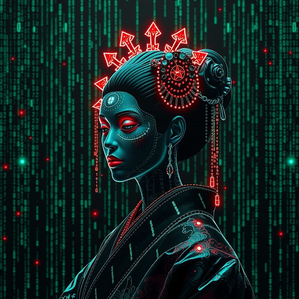 Futuristic Geisha in Matrix Code Hologram