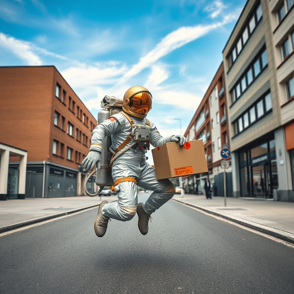 Astronaut in Spacesuit Jumps on German City Street in Leica-...