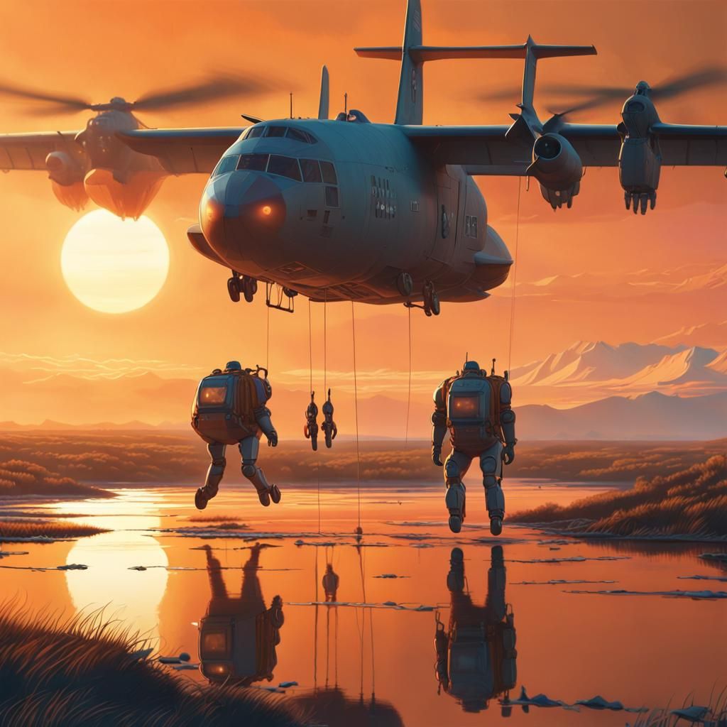 Paratrooper Robots Descending at Sunset: Digital Matte Paint...