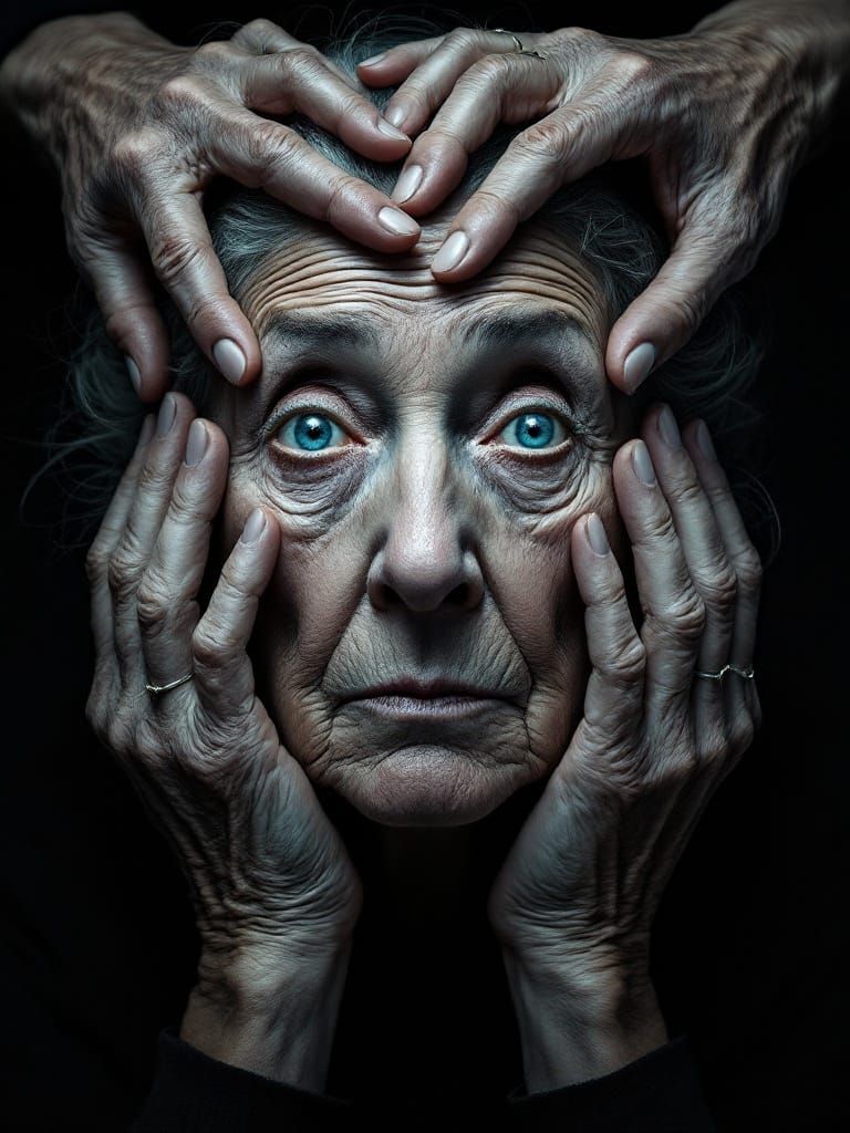 Elderly Woman Surrounded by Hands, Vivid Blue Eyes Shining