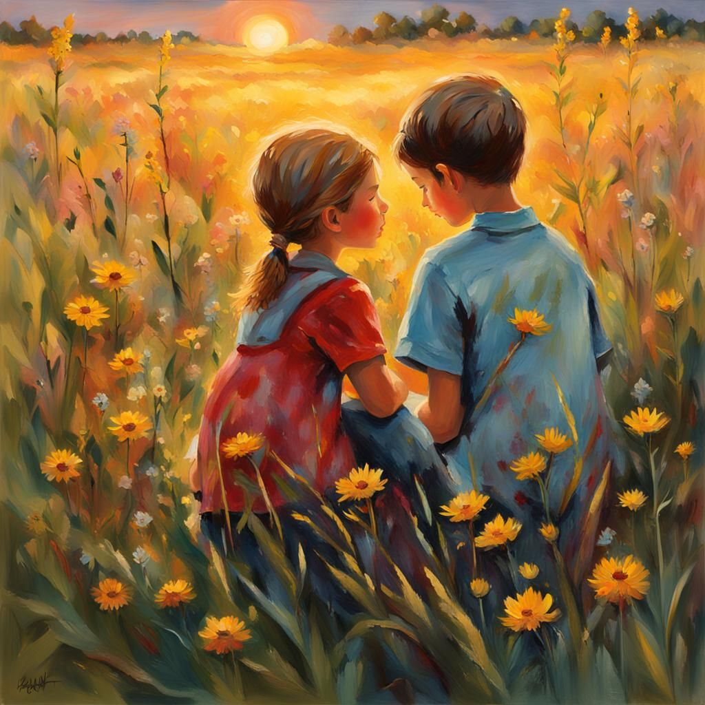 Youthful Kiss in a Wildflower Meadow, Post-Impressionist Sty...