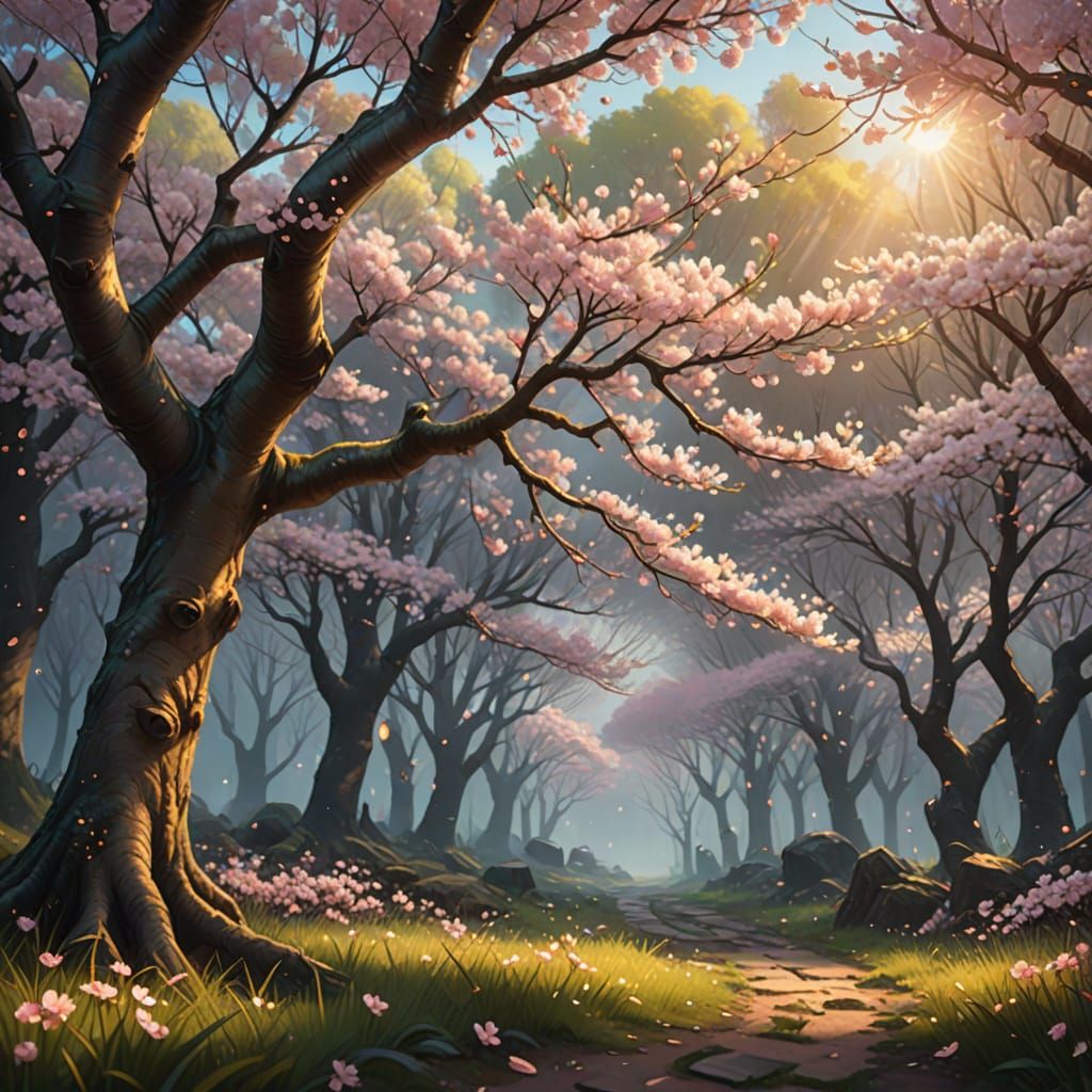 Cherry Blossom Fantasy Blooms in Misty Forest