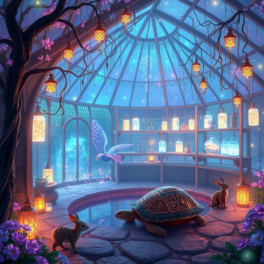 Mystical Greenhouse with Bioluminescent Flora