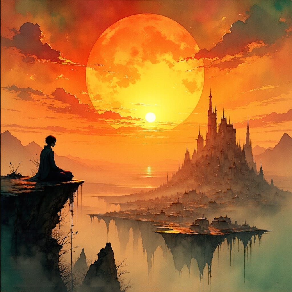 Surreal Sunset Watcher Contemplates Futuristic Cityscape