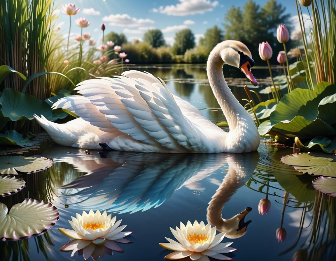 Macro Swan in Pond with Water Lilies