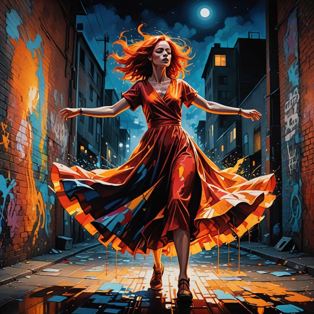 Vibrant Woman Dancing in Moonlight Graffiti Style