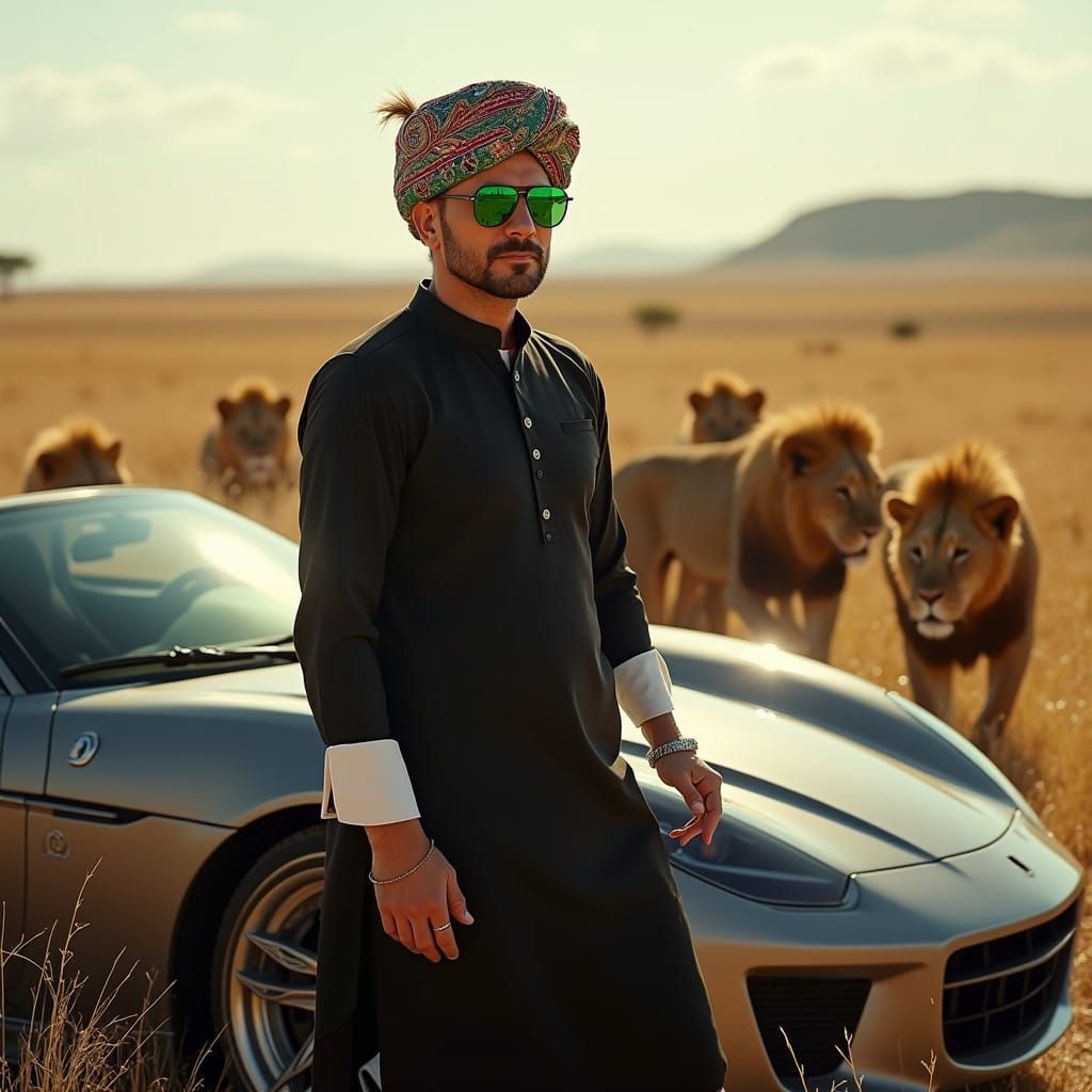 Confident Man Stands Beside Sportscar in African Savannah