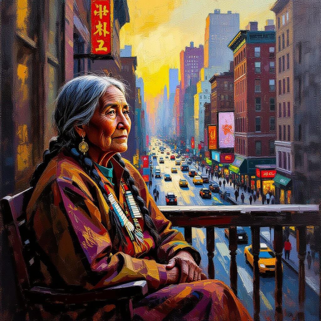 Native American Elder Overlooks Bustling NYC, Impasto Style
