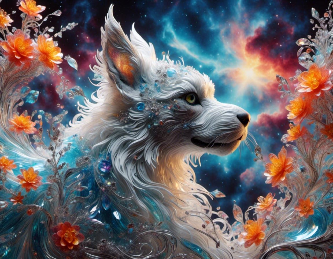 Bioluminescent Dog Portrait in Holographic Style