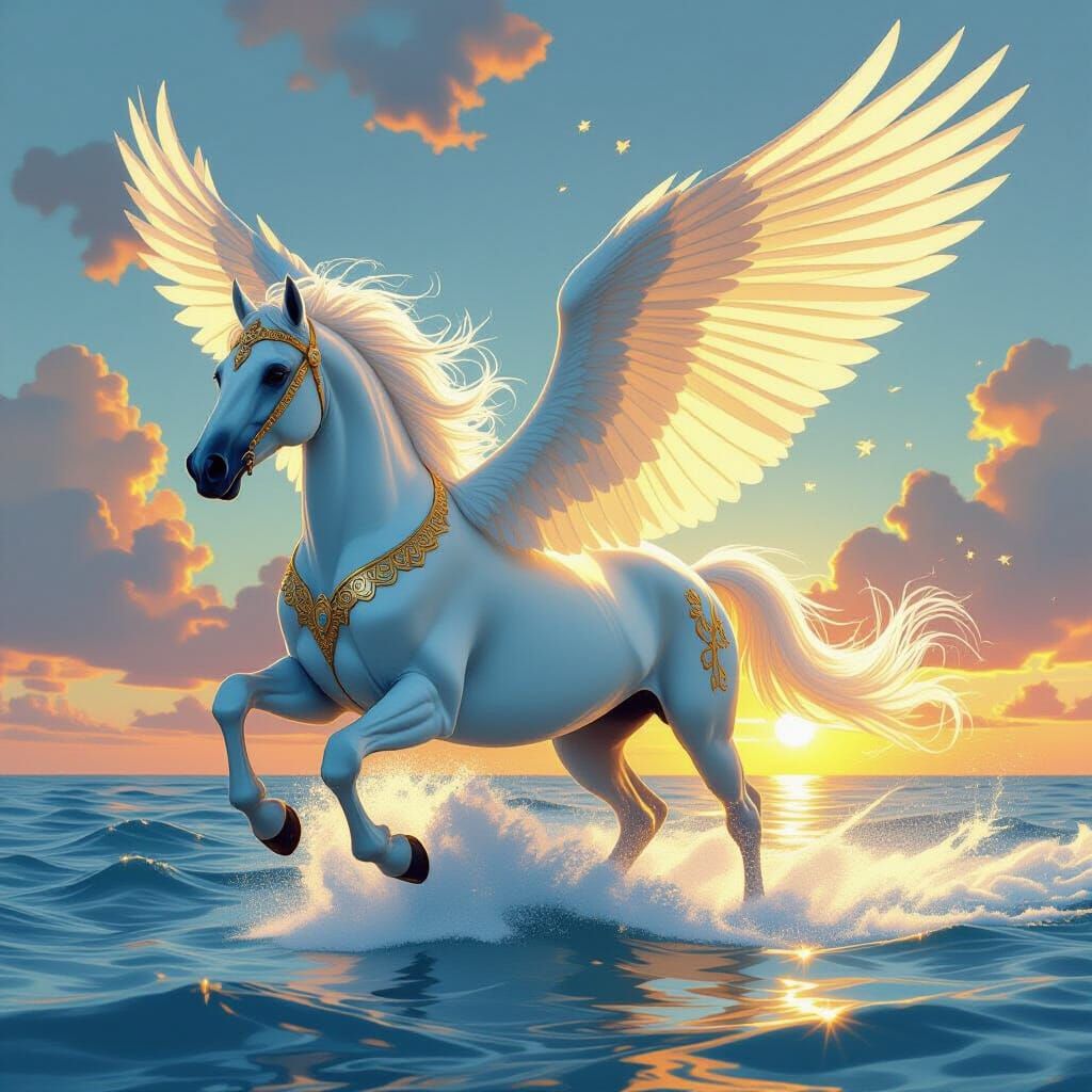 Winged Horse Galloping Over the Sea