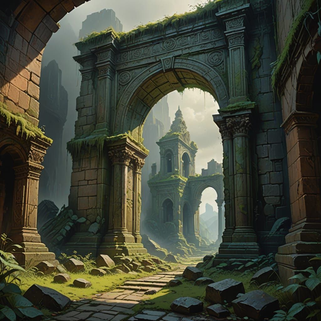 Ancient Stone Archway Overlooking Misty Forgotten City
