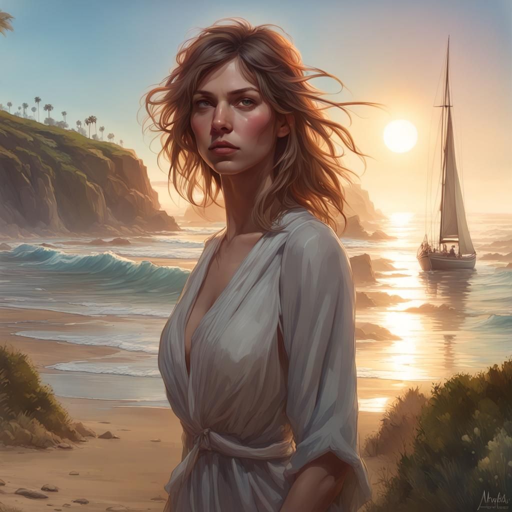 Solana Beach Coastline with Sailboats, Digital Art