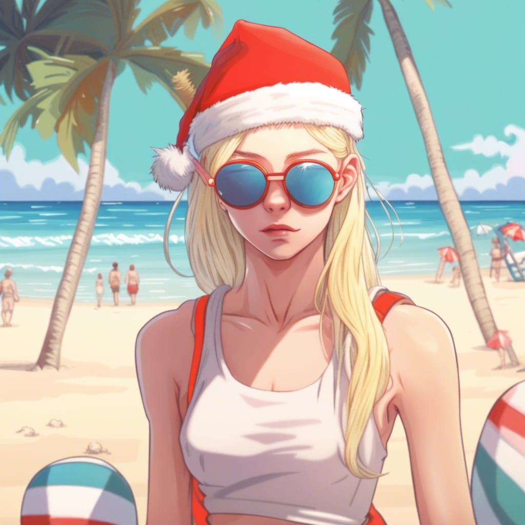 Hunter Schafer on Tropical Beach in Anime Style