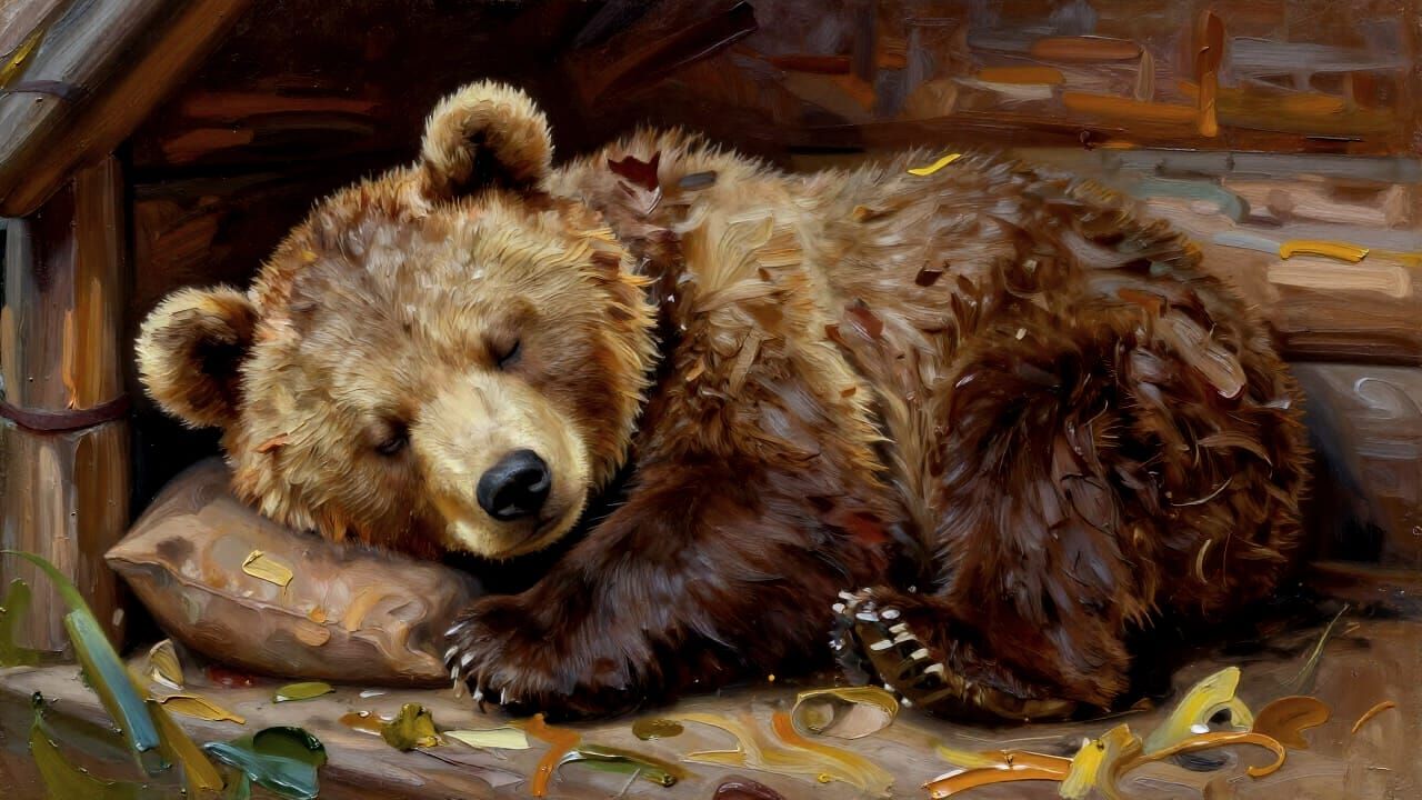 Adorable Brown Bear Cubs Sleeping in Cozy Log Cabin