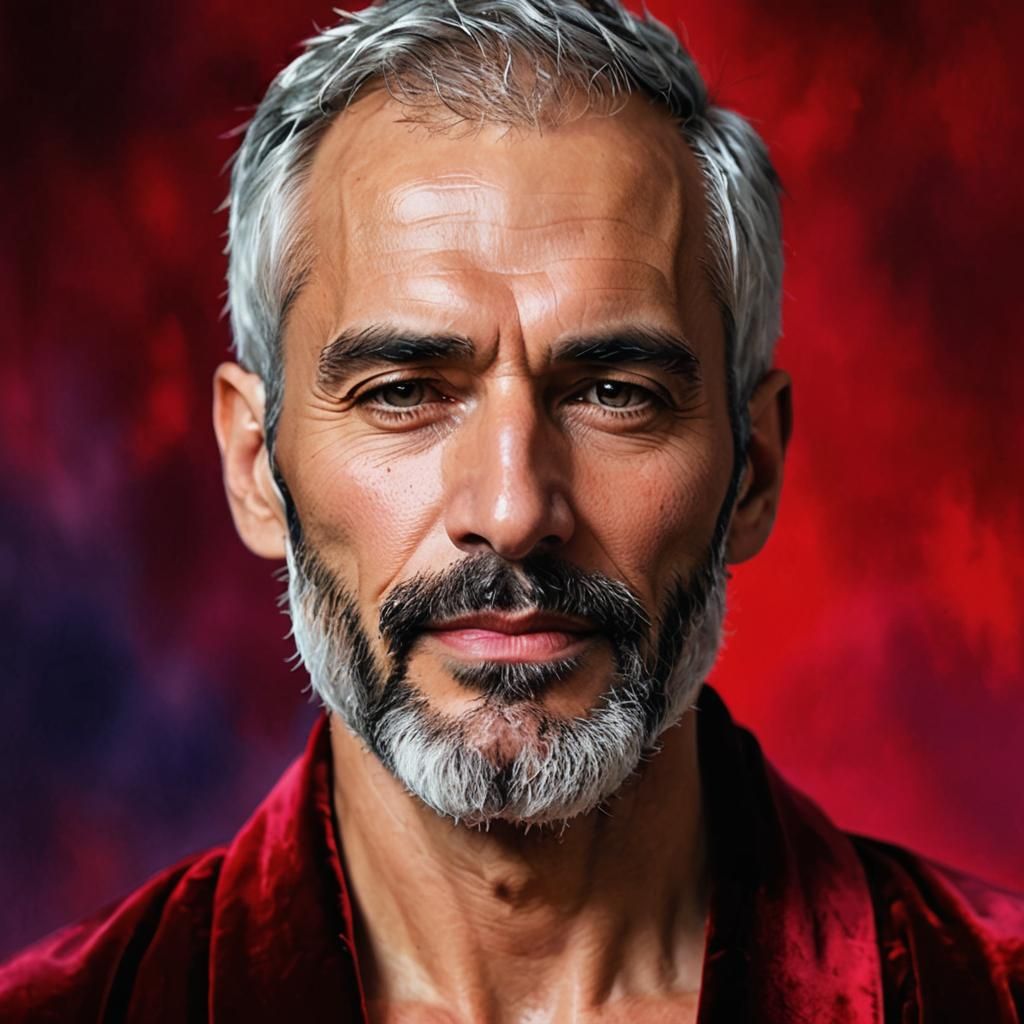 Silver-Haired Man in Red Velvet Robe Portrait