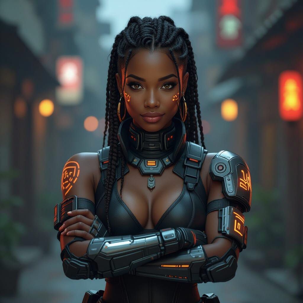 Nigerian Cyberpunk Warrior with Glowing Tribal Markings