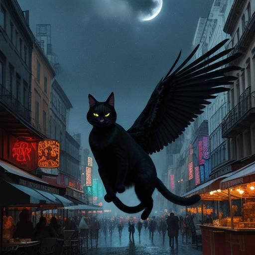 Winged Cat's Night Flight: Surreal Fauvism Scene