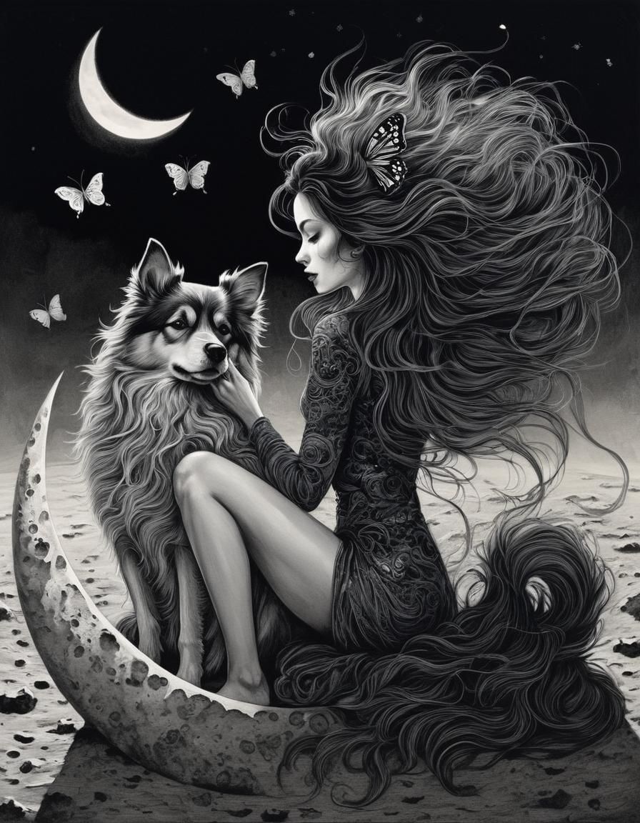 Moonlit Woman with Dog in Ink Art Style
