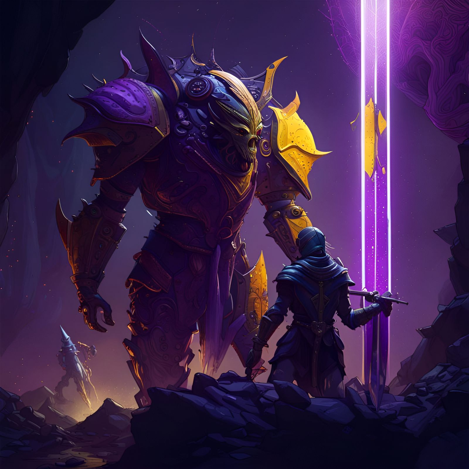 Epic Battle: Knights Versus Aliens in Dark Fantasy Style