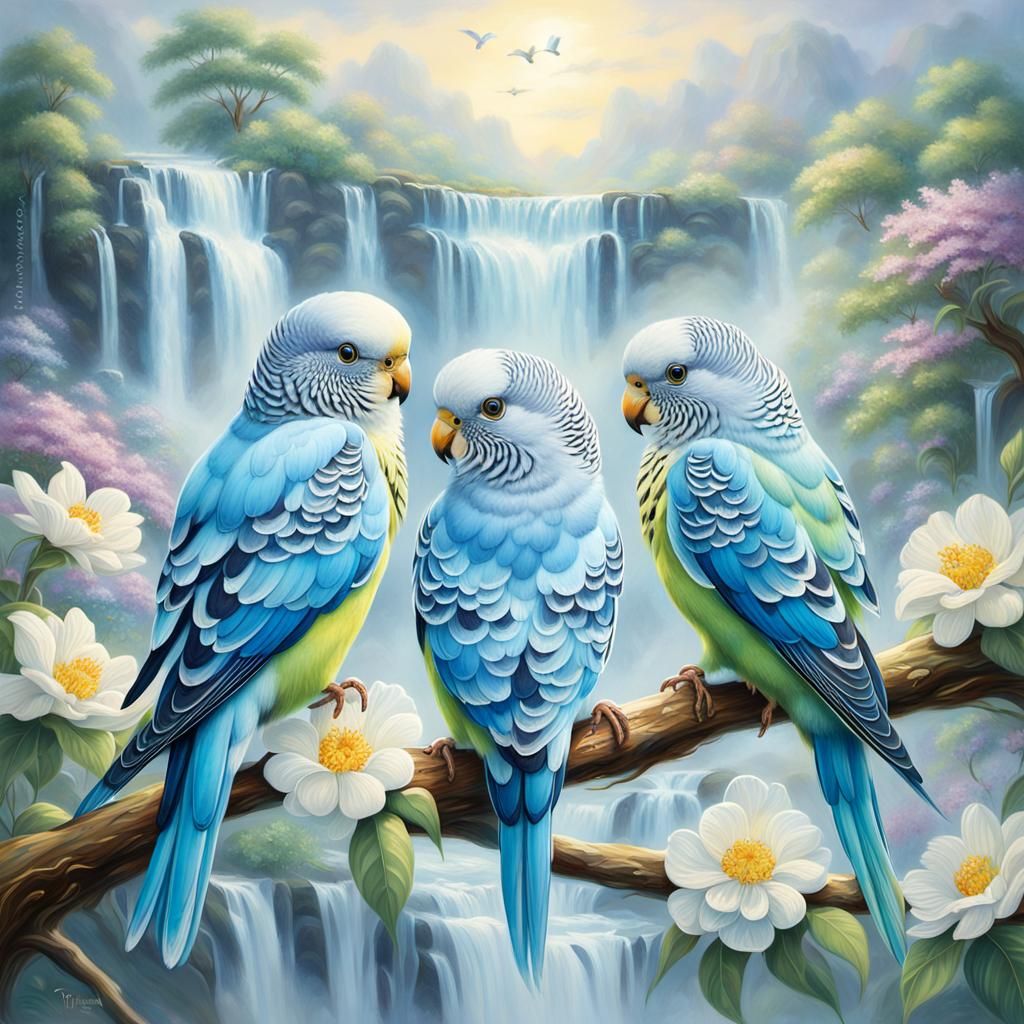 Mystical Budgerigars Amidst Lush Florals in Soft Focus