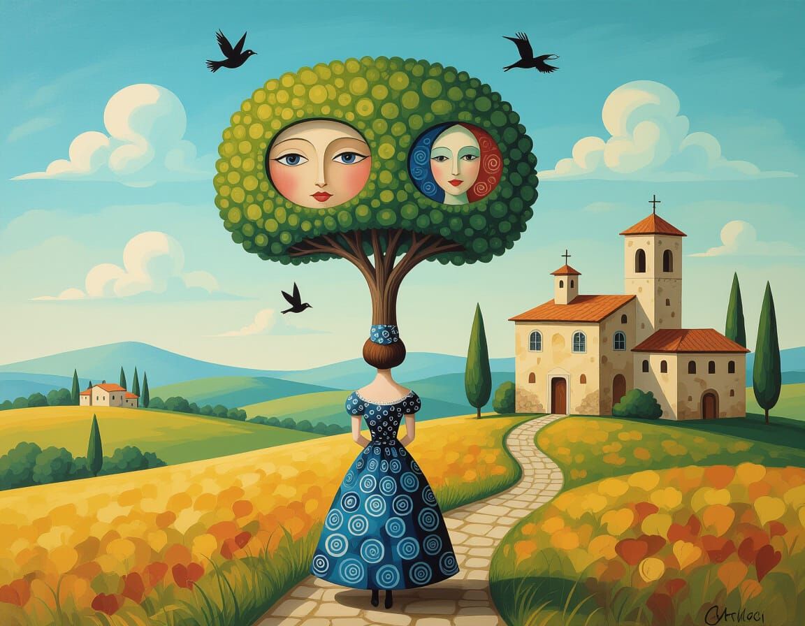 Magical Quirky Primitivism, woman, surreal, toscana landscap...