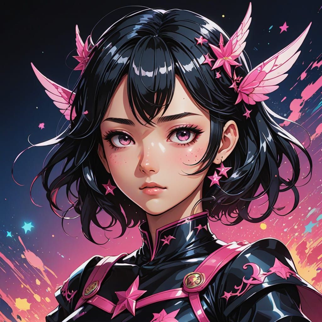 Elegant Black Fairy Princess Girl in Vibrant Cel-Shaded Styl...