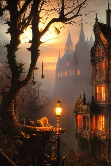 Victorian City and Woods Painting in Ghibli Style