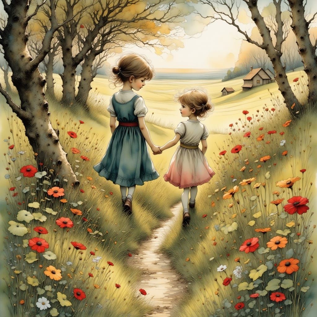 Father and Daughter Walking in Colorful Landscape