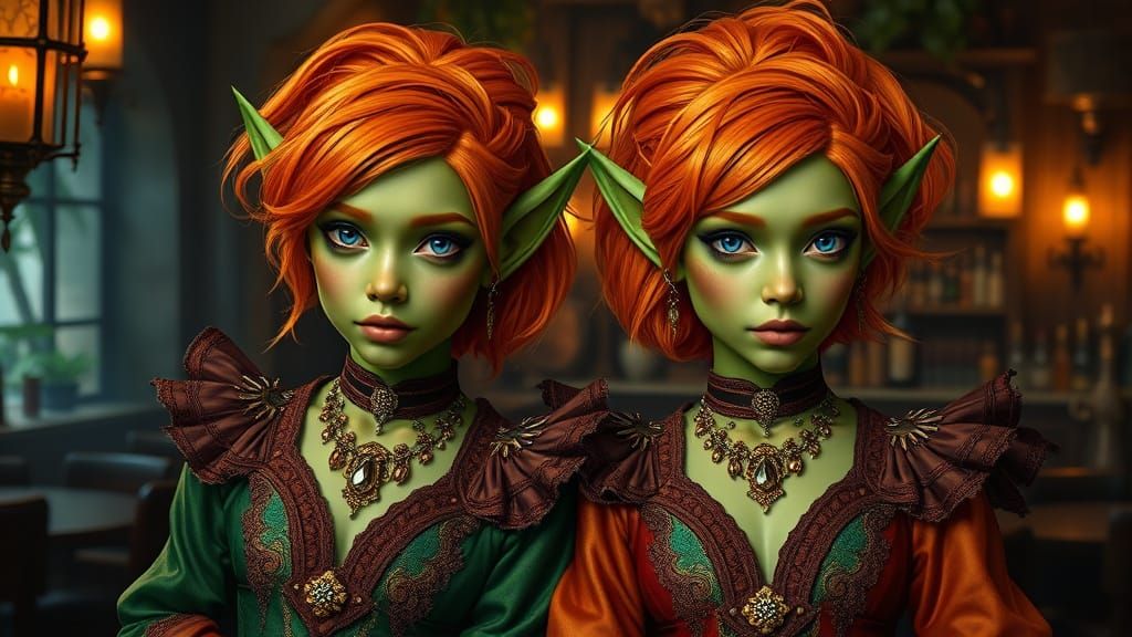 Exotic Green-Skinned Twin Elves in Tavern