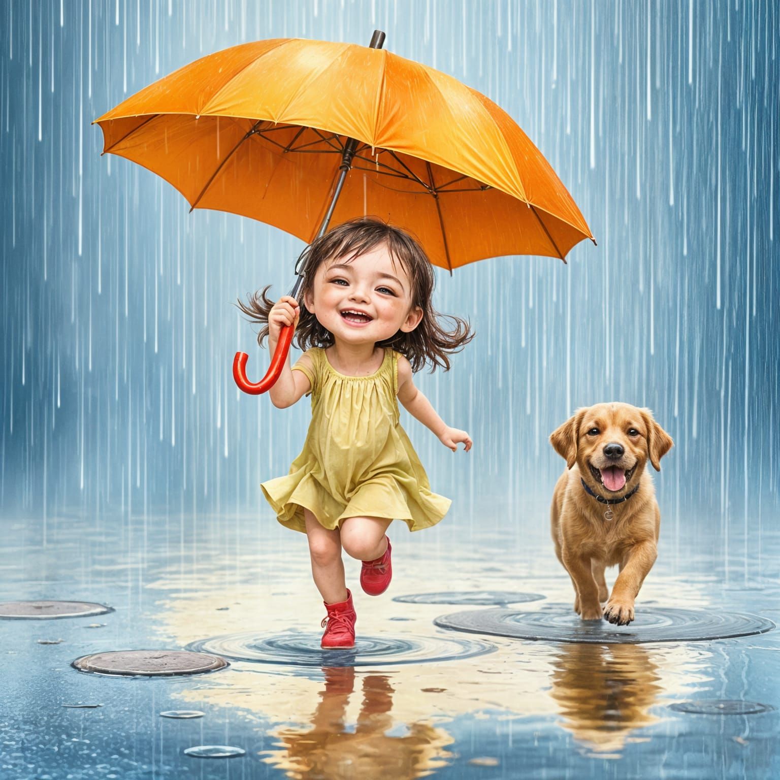 Joyful Girl Splashing in Rain with Dog and Umbrella