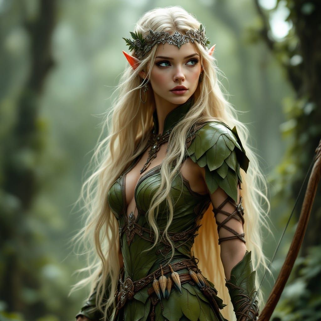 Elegant Elf Maiden with Bow in Fantasy Style